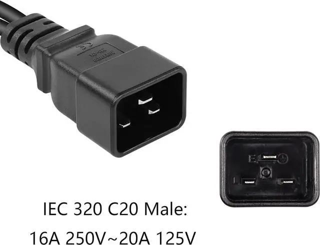 Alt view image 5 of 7 - IEC C20 to 2 * C13 Elbow Plug Y Splitter Dual IEC Double,Single IEC 320 C20 Male to Dual 90-Degree Angle C13 Female Y Split,C19 Power Strip Multi IEC Cable,18AWG,1ft/0.3m
