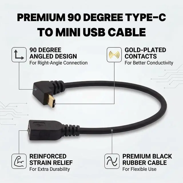 Alt view image 4 of 5 - 90 Degree Angle USB-C Charging Cable, USB 3.1 Type C Male to Mini USB (Mini B) Female Converter Short Cable Cord , 8inch/25cm,Up/Down Angle