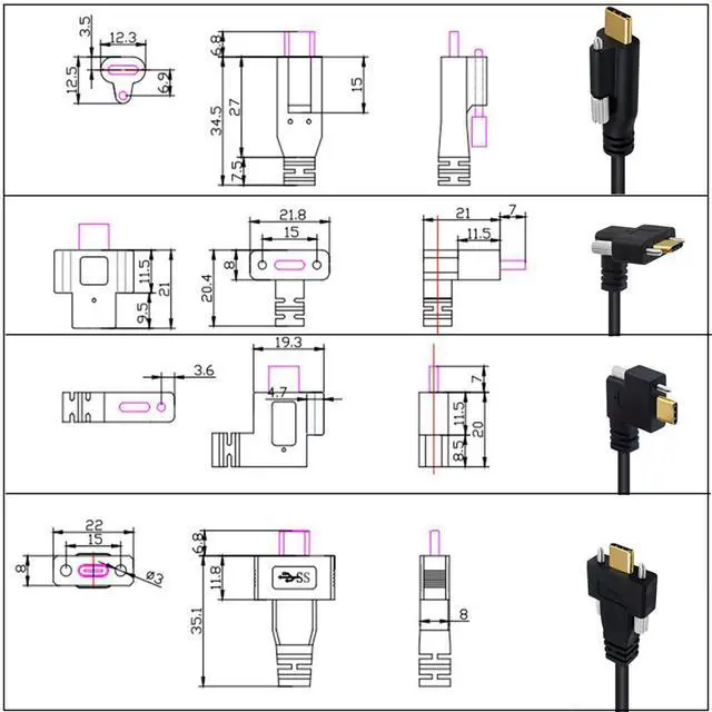 Alt view image 5 of 6 - 90 Degree Angle USB 3.1 Type-C Dual Screw Locking to Standard USB3.0 Data Cable 90 Degree for Camera ,1ft/0.3m