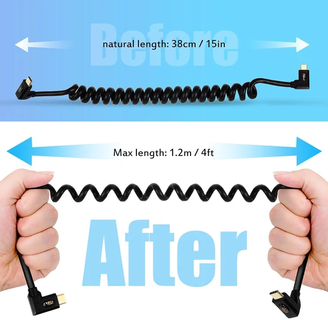 Alt view image 2 of 7 - USB 4.0 Type C Male to Male Coiled Cable, Bidirectional 40Gbps, 240W PD Charging, 8K@60Hz Video, Left/Right to Up/Down Angle Spring Spiral Cord for Thunderbolt 4/3, Smartphone, Laptop, Monitor,4ft