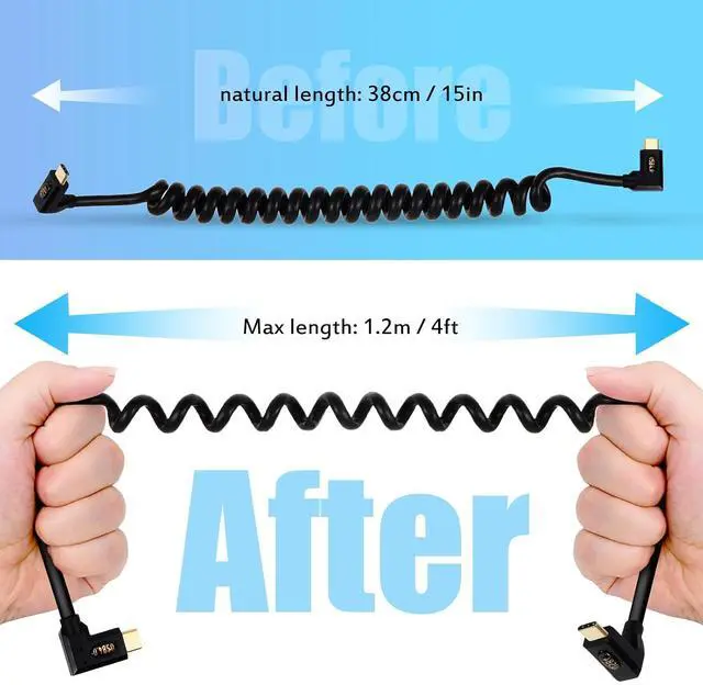 Alt view image 2 of 7 - USB 4.0 Type C Male to Male Coiled Cable, Bidirectional 40Gbps, 240W PD Charging, 8K@60Hz Video, Straight to Left/Right Angle Spring Spiral Cord for Thunderbolt 4/3, Smartphone, Laptop, Monitor,4ft