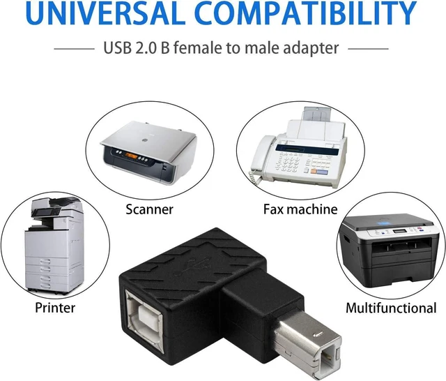Alt view image 6 of 6 - 2-Pack USB B 2.0 Adapter Elbow Plug, USB 2.0 Type-B Printer Cable Adapter, 90 Degree Down Angle USB B 2.0 Male to Female Adapter for Printer Short Extension Cable for Printer, Scanner Down Angle