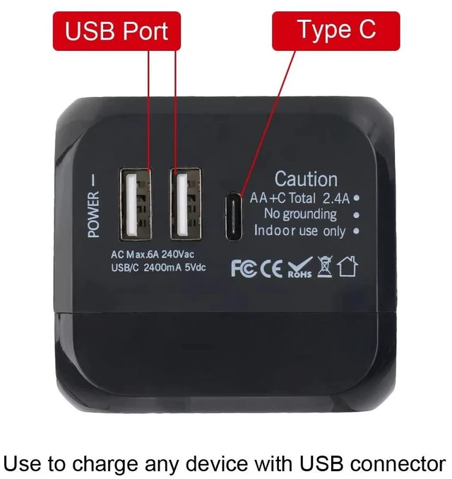 Alt view image 3 of 7 - Worldwide Universal Power Adapter with 2 USB and 1 Type-C Charging Port Converter All in One International Out of Country Travel Wall Charger Plug for Wall Plug Input in USA, EU, UK, and AUS