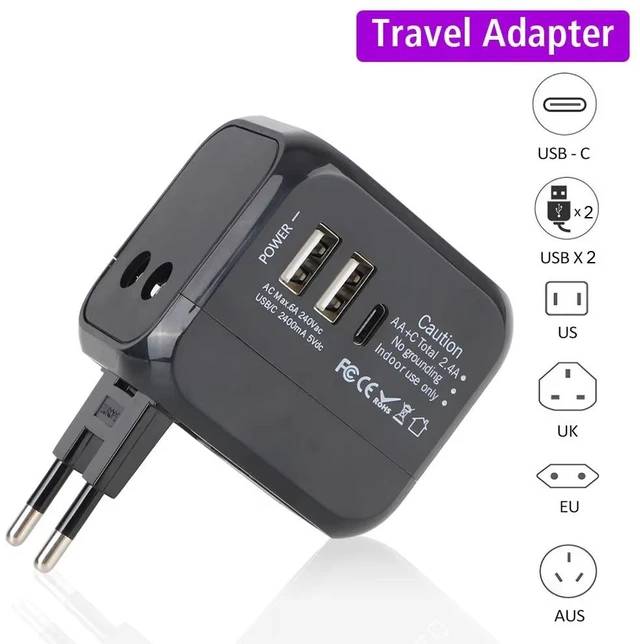 Alt view image 2 of 7 - Worldwide Universal Power Adapter with 2 USB and 1 Type-C Charging Port Converter All in One International Out of Country Travel Wall Charger Plug for Wall Plug Input in USA, EU, UK, and AUS