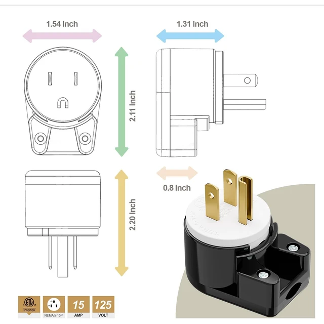 Alt view image 6 of 7 - 3 Pack Right Angle Nema 5-15P US 3 Prong Plug Electrical Adapter,ETL Easy Assembly 90 Degree Angle USA Canada Male DIY Rewirable Power Plug, 12 Directions Adjustable AC Connector Power Converter