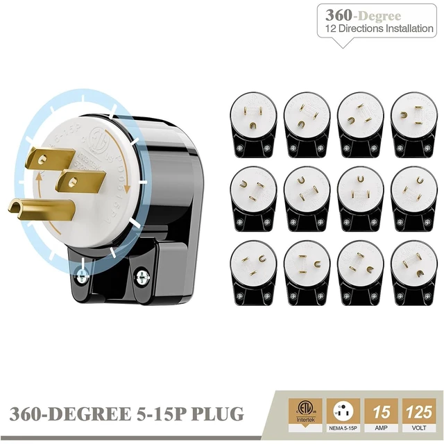 Alt view image 3 of 7 - 3 Pack Right Angle Nema 5-15P US 3 Prong Plug Electrical Adapter,ETL Easy Assembly 90 Degree Angle USA Canada Male DIY Rewirable Power Plug, 12 Directions Adjustable AC Connector Power Converter