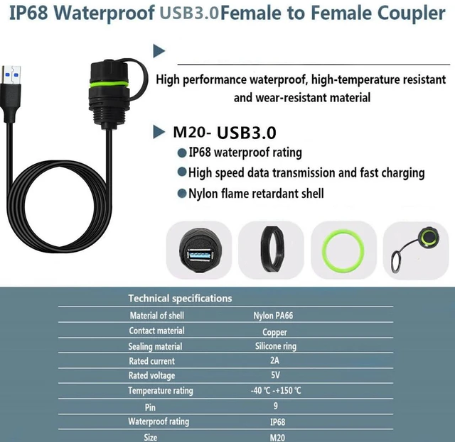 Alt view image 7 of 7 - M20 IP68 Waterproof USB 3.0 Extension Cable, 5Gpbs USB Male to Female Pass Through Adapter Extender Dashboard Flush Panel Mount Cord for Cars, Trucks, Motorcycles, Boats, Yachts,3ft/1m