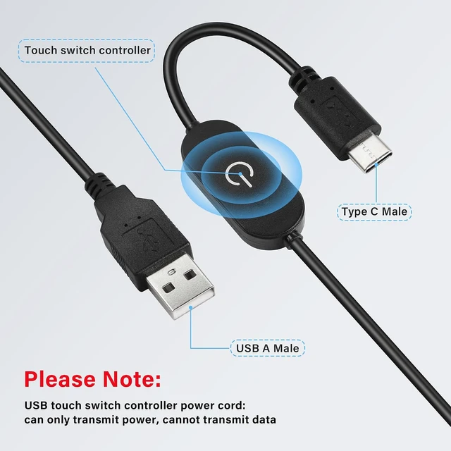 Alt view image 5 of 7 - USB Type-C LED Strip Touch Dimmer Cord Single Colour Dimming On Off Switch Controller DC 5V-12V, Switch Black ,3ft/1m