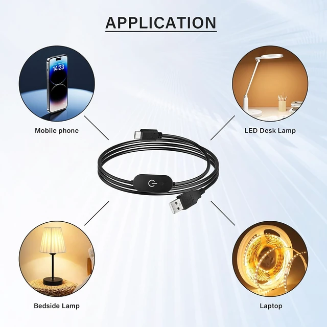 Alt view image 7 of 7 - USB Type-C LED Strip Touch Dimmer Cord Single Colour Dimming On Off Switch Controller DC 5V-12V, Switch Black ,3ft/1m