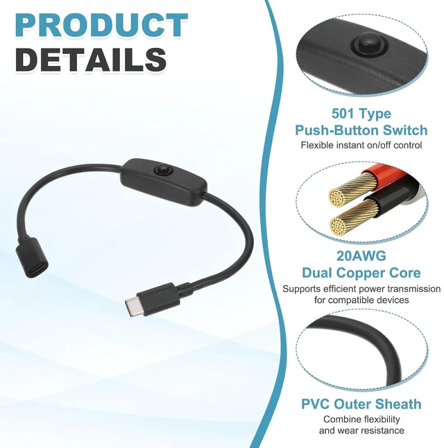 Alt view image 5 of 7 - 2-Pack USB Type C Switch Extension Cable , USB C Male-to-Female USB cable with on / off switch, c-type USB 3.1 extended push-in key switch cable,1FT/0.3m
