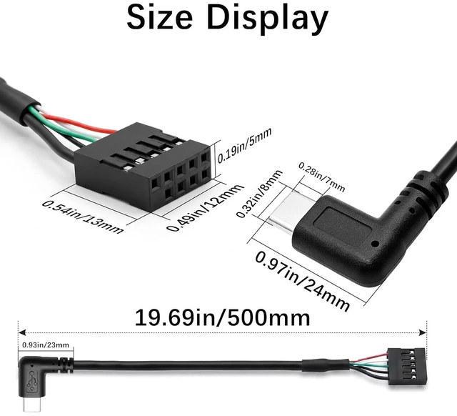 Alt view image 6 of 7 - USB-C to 9-Pin USB 2.0 Motherboard Cable,9Pin USB Header to 90 Degree Angle USB-C Cable for Desktop Chassis Front Panel Upgrade;1.6ft/0.5m Left/Right Angle