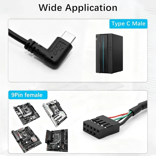 Alt view image 7 of 7 - USB-C to 9-Pin USB 2.0 Motherboard Cable,9Pin USB Header to 90 Degree Angle USB-C Cable for Desktop Chassis Front Panel Upgrade;1.6ft/0.5m Left/Right Angle