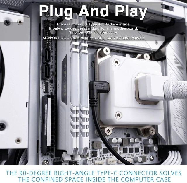 Alt view image 3 of 7 - USB-C to 9-Pin USB 2.0 Motherboard Cable,9Pin USB Header to 90 Degree Angle USB-C Cable for Desktop Chassis Front Panel Upgrade;1.6ft/0.5m Up/Down Angle