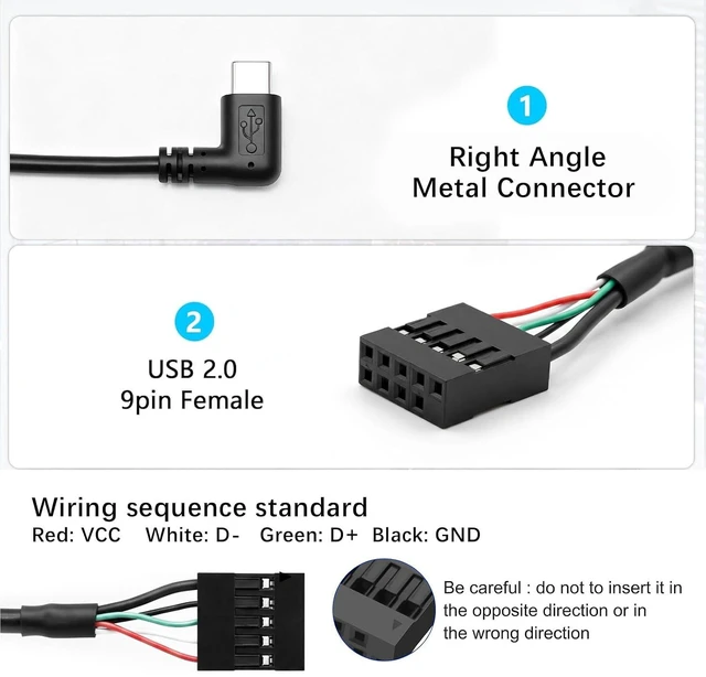 Alt view image 6 of 7 - USB-C to 9-Pin USB 2.0 Motherboard Cable,9Pin USB Header to 90 Degree Angle USB-C Cable for Desktop Chassis Front Panel Upgrade;1.6ft/0.5m Up/Down Angle
