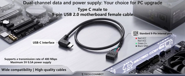 Alt view image 7 of 7 - USB-C to 9-Pin USB 2.0 Motherboard Cable,9Pin USB Header to 90 Degree Angle USB-C Cable for Desktop Chassis Front Panel Upgrade;1.6ft/0.5m Up/Down Angle