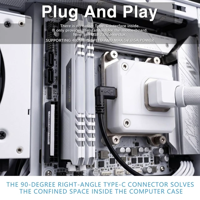 Alt view image 4 of 7 - USB-C to 9-Pin USB 2.0 Motherboard Cable,9Pin USB Header to 90 Degree Angle USB-C Cable for Desktop Chassis Front Panel Upgrade;1.6ft/0.5m U Angle