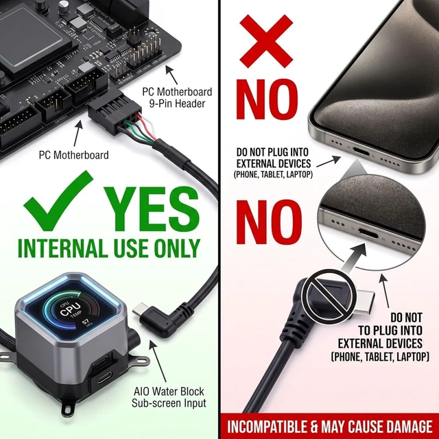 Alt view image 6 of 7 - USB-C to 9-Pin USB 2.0 Motherboard Cable,9Pin USB Header to 90 Degree Angle USB-C Cable for Desktop Chassis Front Panel Upgrade;1.6ft/0.5m U Angle