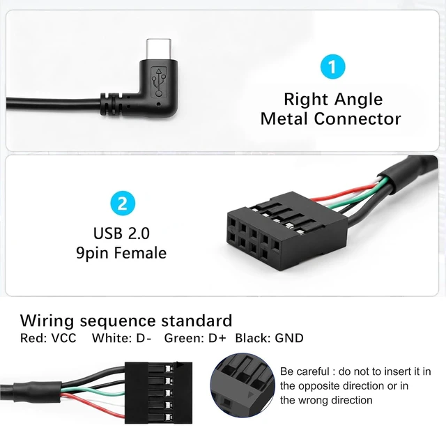 Alt view image 7 of 7 - USB-C to 9-Pin USB 2.0 Motherboard Cable,9Pin USB Header to 90 Degree Angle USB-C Cable for Desktop Chassis Front Panel Upgrade;1.6ft/0.5m U Angle