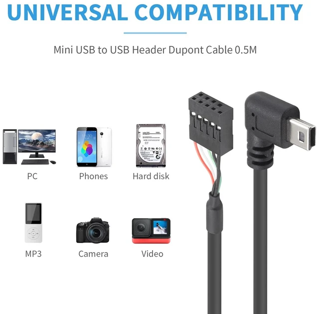 Alt view image 6 of 7 - 2 Pack Mini USB to Motherboard Cable 1.6FT/50CM, 90 Degree Right Angle Mini USB Male to 9pin Female Cable forcomputer motherboards Right Angle