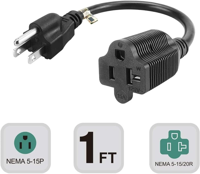 Alt view image 2 of 7 - NEMA 5-15P to 5-15R/5-20R Y Splitter Short Extension Cord 1ft, US Standard 3 Prong Cord Splitter, 14 Gauge, UL Listed, Black, 15 Amp to 20 Amp Power Adapter Cable,1ft/30cm