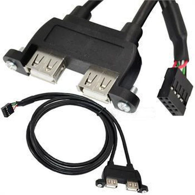 Main image of 2 Ports USB 2.0 to Du-po-nt 9Pin Multiplier Splitter Adapter Cable, USB 2.0A Dual Ports Female Screw Panel Mount to Motherboard 9pin Female Header Cable Black ,25CM/0.8FT