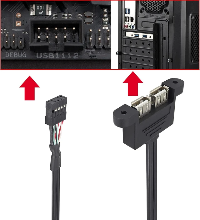 Alt view image 3 of 6 - 2 Ports USB 2.0 to Du-po-nt 9Pin Multiplier Splitter Adapter Cable, USB 2.0A Dual Ports Female Screw Panel Mount to Motherboard 9pin Female Header Cable Black ,25CM/0.8FT
