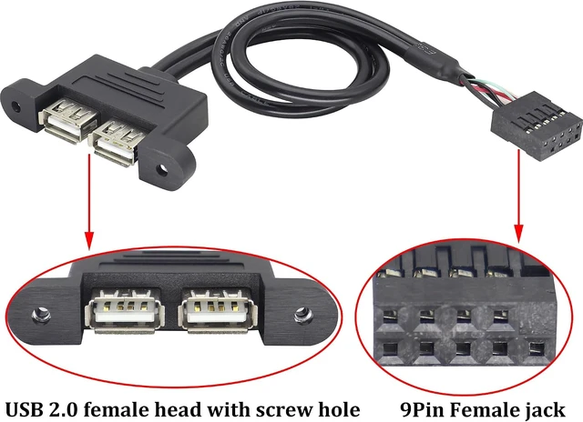 Alt view image 5 of 6 - 2 Ports USB 2.0 to Du-po-nt 9Pin Multiplier Splitter Adapter Cable, USB 2.0A Dual Ports Female Screw Panel Mount to Motherboard 9pin Female Header Cable Black ,25CM/0.8FT