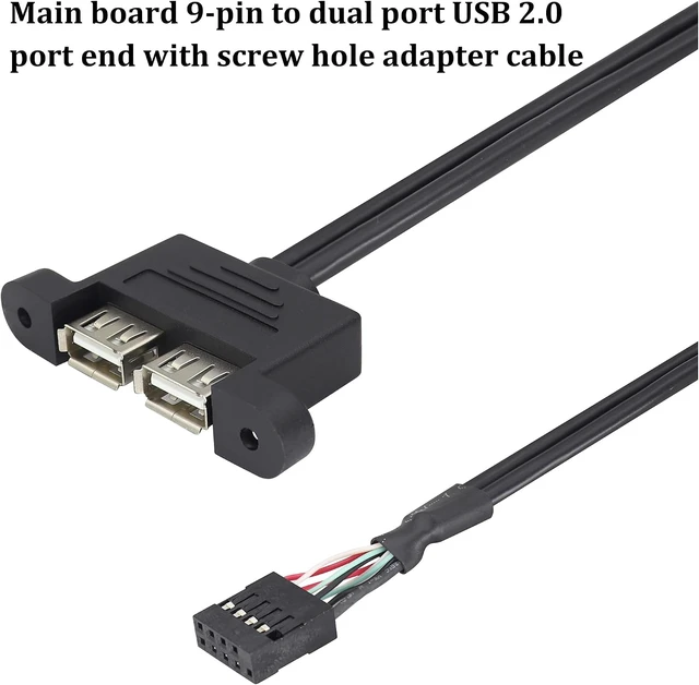 Alt view image 6 of 6 - 2 Ports USB 2.0 to Du-po-nt 9Pin Multiplier Splitter Adapter Cable, USB 2.0A Dual Ports Female Screw Panel Mount to Motherboard 9pin Female Header Cable Black ,25CM/0.8FT