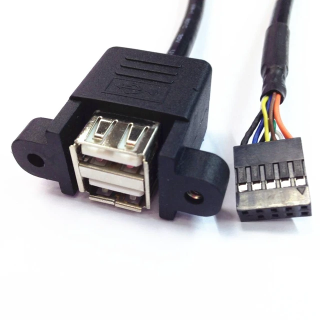 Main image of 2 Ports USB 2.0 to Du-po-nt 9Pin Multiplier Splitter Adapter Cable, USB 2.0A Dual Ports Female Screw Panel Mount to Motherboard 9pin Female Header Cable Black ,25CM/0.8FT Style 2