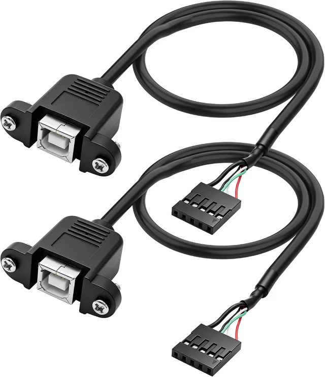 Main image of 2 Pack USB2.0 Type-B Female Panel Mount to 5 Pin Female Header PCB,USB 2.0 B female panel mount to 5Pin F 0.1" header PCB motherboard cable,1.6ft/0.5m