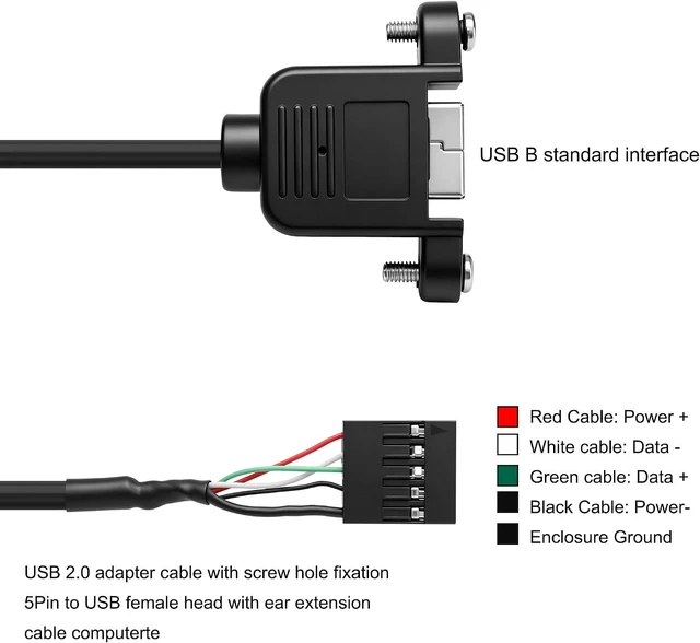 Alt view image 2 of 7 - 2 Pack USB2.0 Type-B Female Panel Mount to 5 Pin Female Header PCB,USB 2.0 B female panel mount to 5Pin F 0.1" header PCB motherboard cable,1.6ft/0.5m