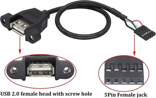 Alt view image 2 of 7 - 2 Pack USB 2.0 A to Dupont 5Pin Multiplier Splitter Adapter Cable, USB 2.0 A Female Screw Panel Mount to Motherboard 5pin Female Header Cable,1.6ft/0.5m