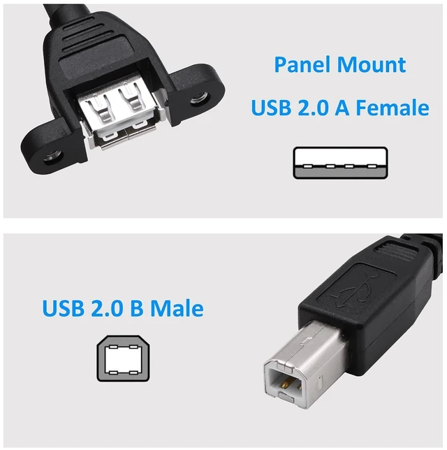 Alt view image 2 of 7 - 2 Pack Panel Mount USB A Female to B Male Cable, USB Type B Male to USB A 2.0 Female Cable Adapter Cable for Printer, Scanner, External Hard Drive, MIDI Controller, Docking Station,1.6ft/0.5m
