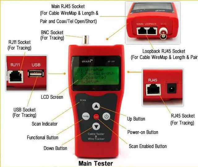 Alt view image 3 of 7 - Multipurpose Network Ethernet LAN Phone Cable Tester Scanner RJ45 RJ11 Cat-5 , LCD Display Telephone Network Ethernet LAN Phone Tester Multipurpose Cable Wire Tracker Length Scanner NF308