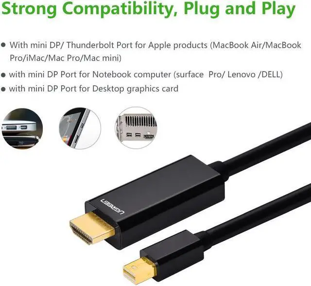Alt view image 3 of 7 - Mini DP to HDMI Converter adapter cable, Mini DisplayPort (Thouderbolt) Male to HDMI HDTV Male Cable 1080P M/M (9.84ft/3m)
