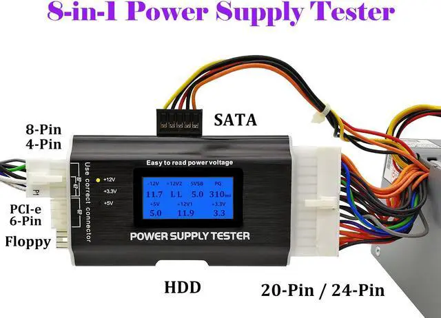 Alt view image 3 of 6 - Computer PC Power Supply Tester, ATX / ITX / IDE / HDD / SATA / BYI Connectors Power Supply Tester, 1.8'' LCD Screen (Aluminum Alloy Enclosure) PC LCD Power Supply Tester 20/24 pin 4 SATA HDD Testers
