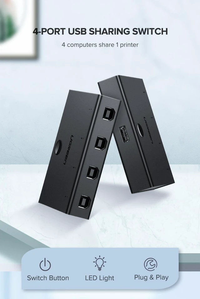 Alt view image 7 of 7 - UGREEN USB 2.0 Sharing Switch 4 Port USB Peripheral Switcher Adapter Box Hub 4 PCs Share 1 USB Device for Printer Scanner with 4 Pack USB 2.0 Male Cable 30346