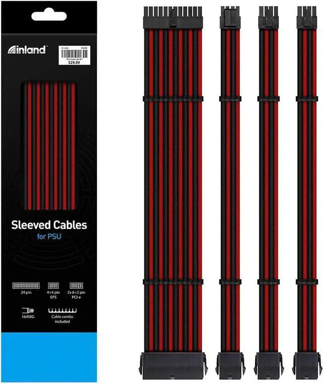 Main image of Inland PSU Sleeved Cable, Power Supply Extension Cable Kit,12 inch - Black/White