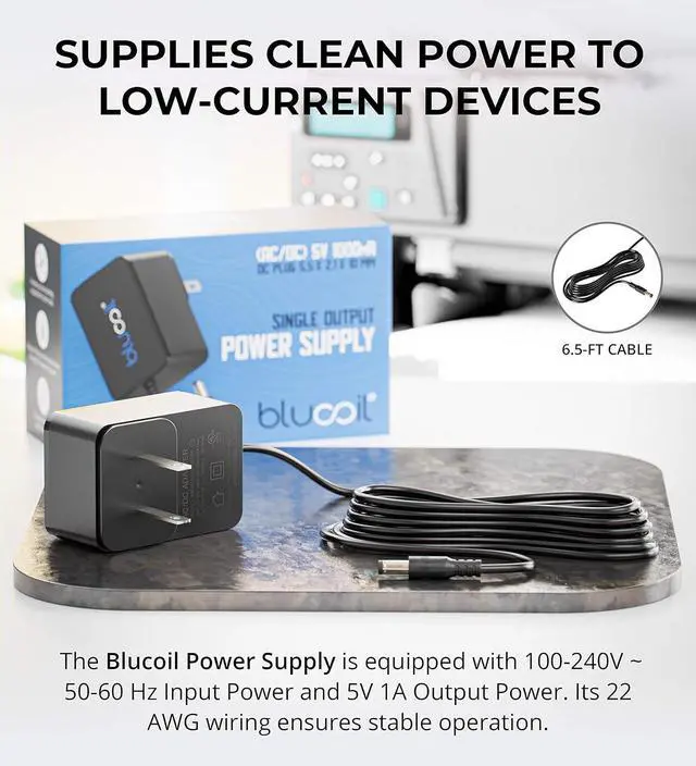 Alt view image 2 of 2 - Blucoil 5V 1A Power Supply with US Plug AC Adapter Center Positive, 6.5-FT Cable