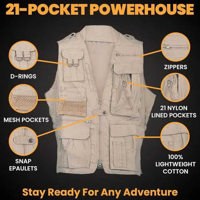 Alt view image 2 of 2 - CAMPCO Humvee Photography Utility Vest w/ 21 Pockets for Camping & Travel, Khaki