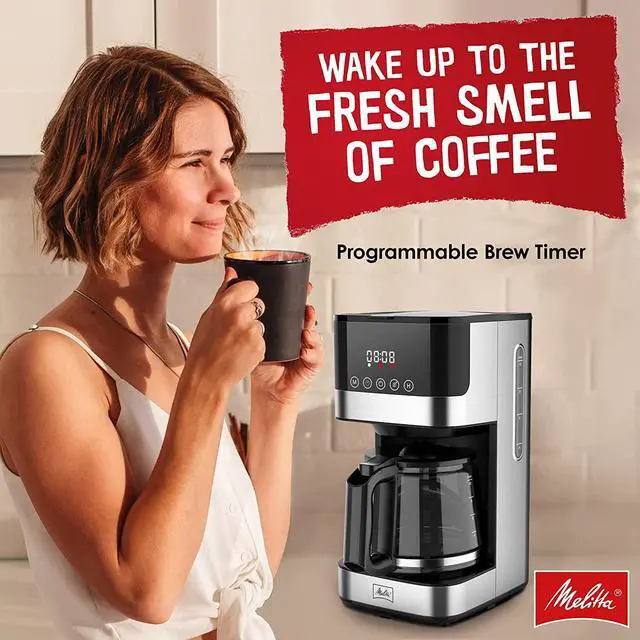 Alt view image 3 of 3 - melitta aroma tocco glass drip coffee maker | programmable coffee machine | glass carafe coffee pot | 10 cup coffee maker | glass touch control panel | stainless steel accented coffee maker