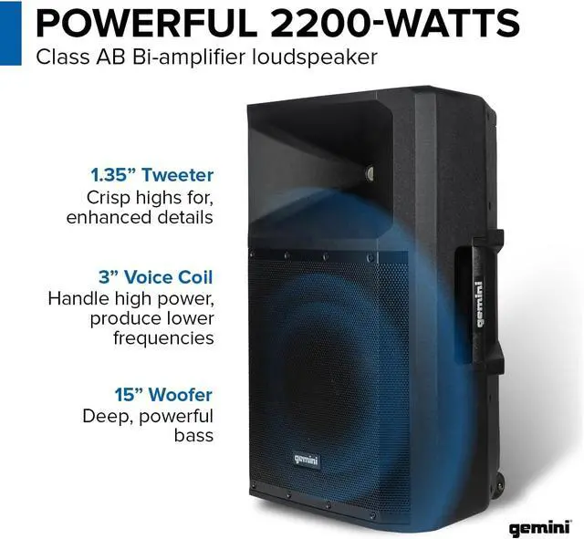 Alt view image 2 of 2 - Gemini Sound GSP-2200 Elite 2200W 15" Bluetooth Active DJ PA Speaker - Black