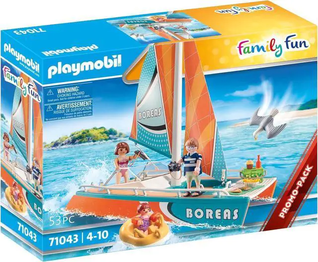 Main image of Playmobil Catamaran Toys Boat Building Set with Animal Figures for Kids, 53 Pcs