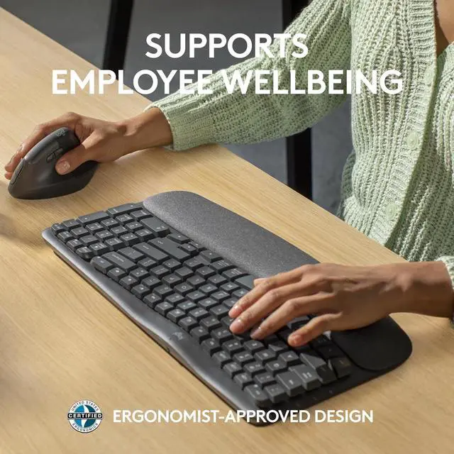 Alt view image 3 of 3 - Logitech Wave Keys for Business Ergonomic Keyboard - Wireless Connectivity - Bluetooth - 32.81 ft - USB Type A Interface - Windows, Mac OS, ChromeOS - Computer - PC, Mac - AAA Battery Size ...