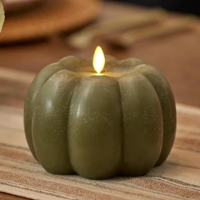 Alt view image 2 of 2 - Luminara Pumpkin Figural Flameless Flickering Candle , 5.5" x 4.25", Loden Green