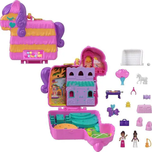 Main image of Polly Pocket Pinata Party Fantasy Compact Playset with 2 Micro Dolls - 16 Pieces