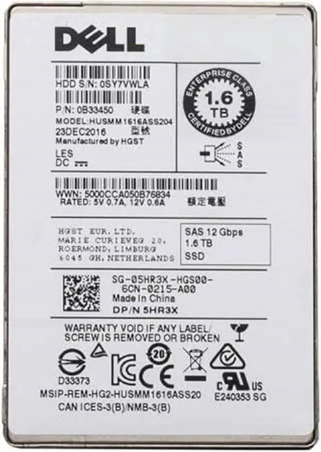 Main image of Dell 1.6TB SAS 2.5" 12G MLC Solid State Drive (SSD) 5HR3X