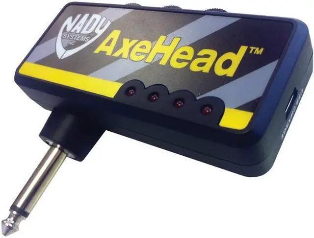 Alt view image 11 of 12 - Nady AxeHead Miniature Headphone Guitar Amplifier _ Built-in amp simulation with gain, tone and volume controls _ includes headphones splitter, 3.5mm audio cable, and USB charging cable
