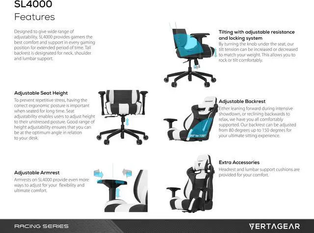 Alt view image 6 of 12 - Vertagear S-Line SL4000 Racing Series Gaming Office Chair - Black/White (Rev. 2)