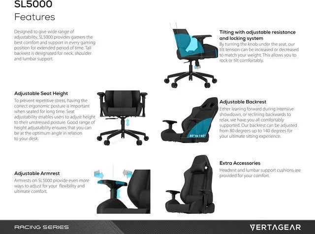 Alt view image 6 of 11 - Vertagear VG-SL5000_BK S-Line SL5000 Gaming Chair